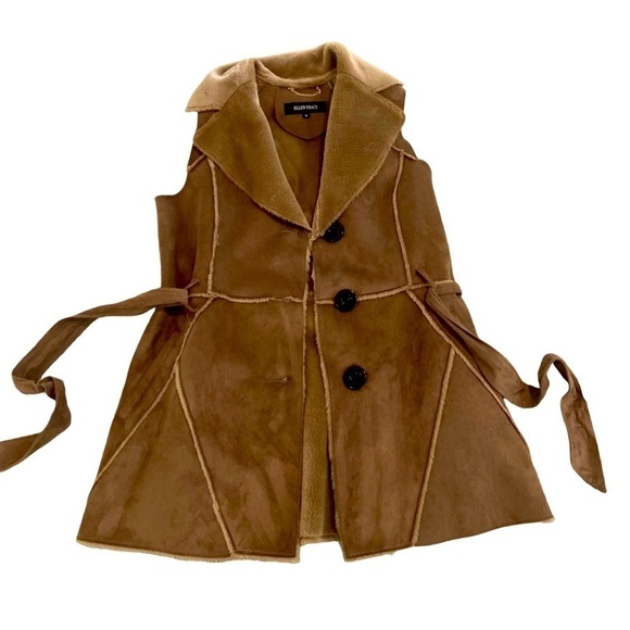 Ellen Tracy faux fur button down luxe vest with tie belt in tan size medium - Picture 2 of 10